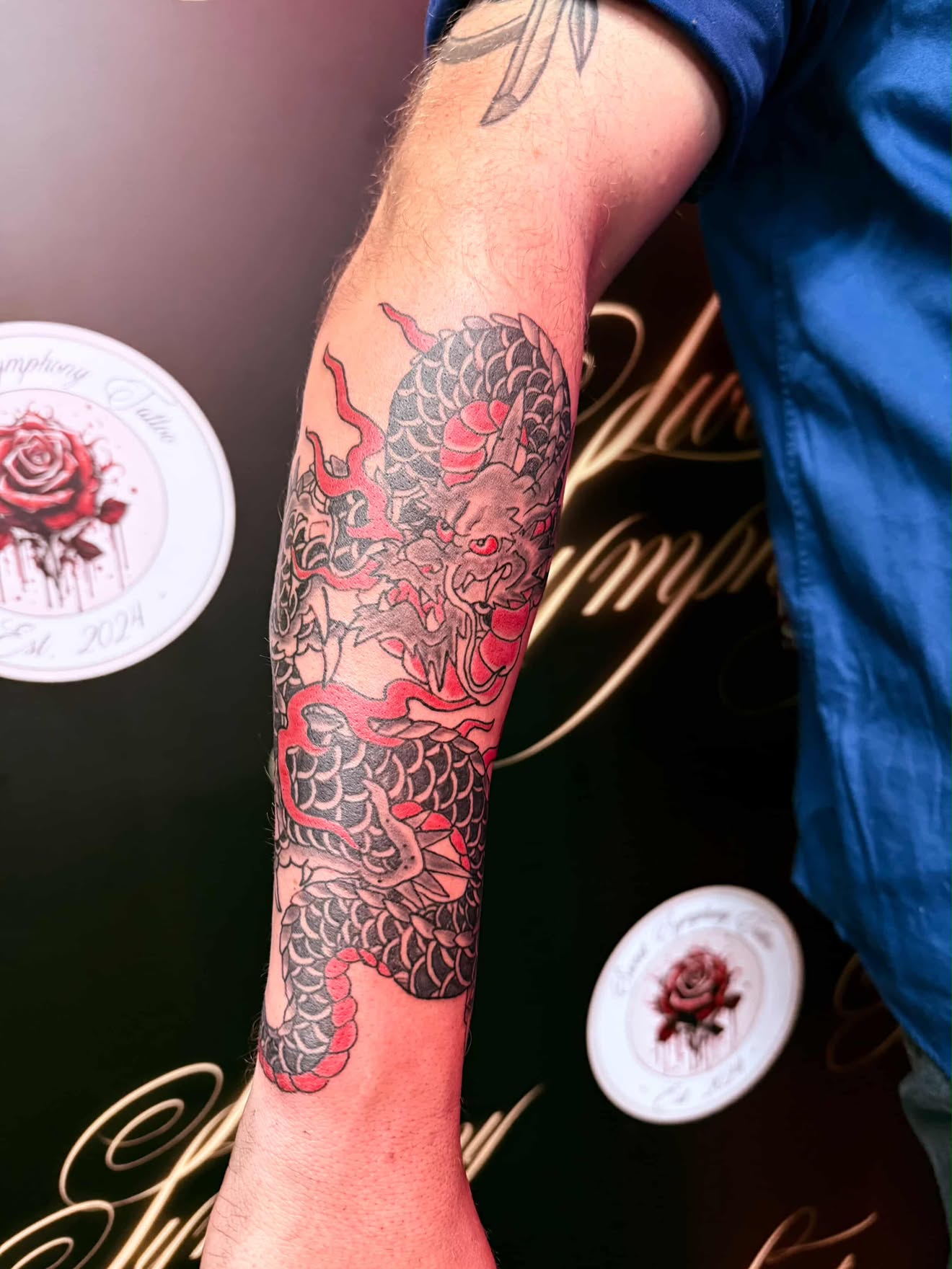 Colour Japanese dragon sleeve tattoo from Sweet Symphony Tattoo Instagram